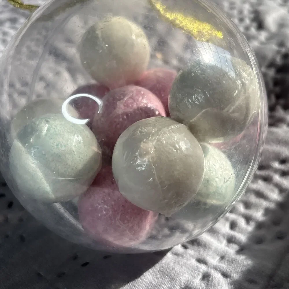 Holiday Ornament Clear Ball with Mini Bath Bombs Gift Set Pink White Gold Ribbon